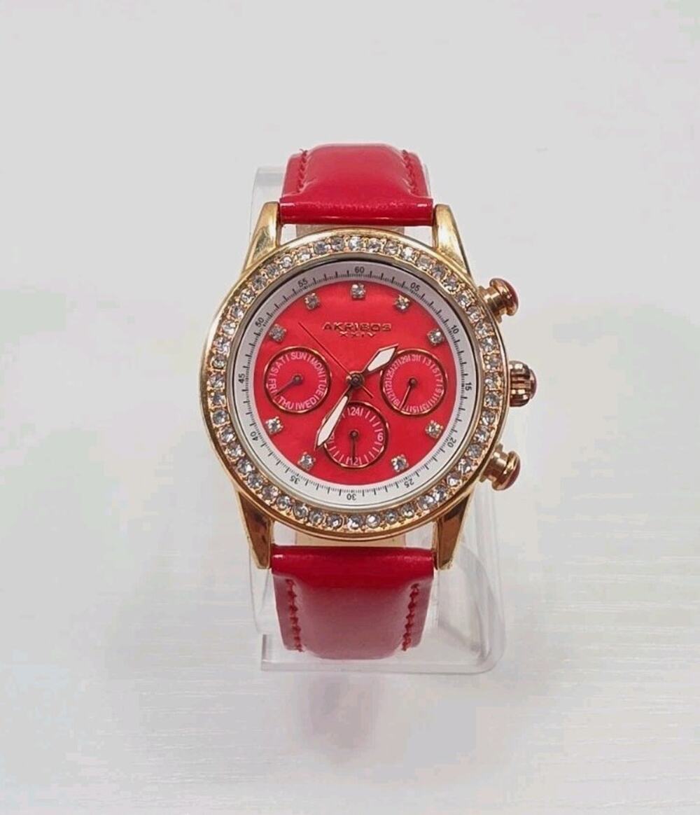 Women's Akribos XXIV AK556RD Quartz Crystal Bezel Watch Red Band New Battery 270
